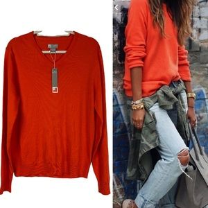 NWT Extra Fine Marino Wool V-neck Sweater Orange M